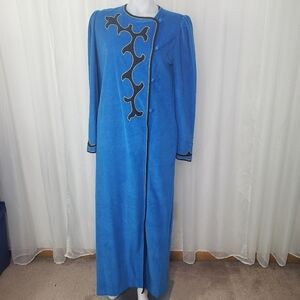 Oscar de la Renta blue velour house coat / robe / dress black and gold trim